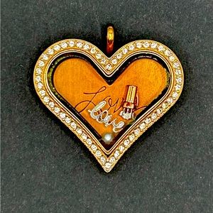 Origami Owl large rose gold with crystals heart locket, charms and plate.